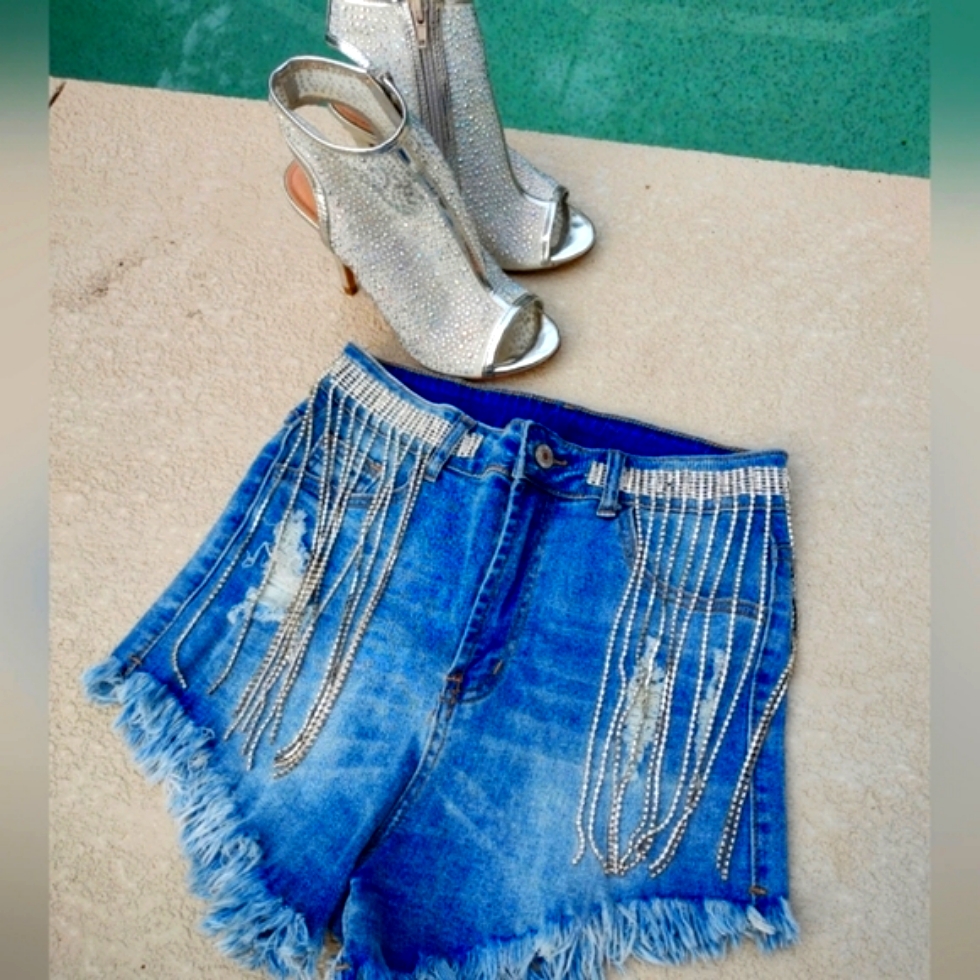 High Waisted Distressed Rhinestone Fringe Jean Shorts